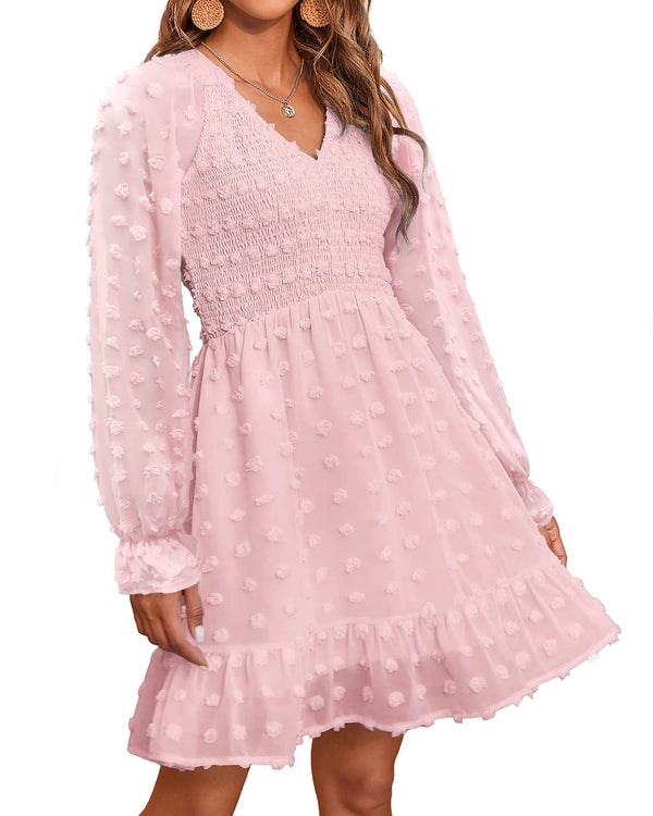 Women's Spring V Neck Swiss Dot Chiffon Mini Dress (Buy 2 Free Shipping)