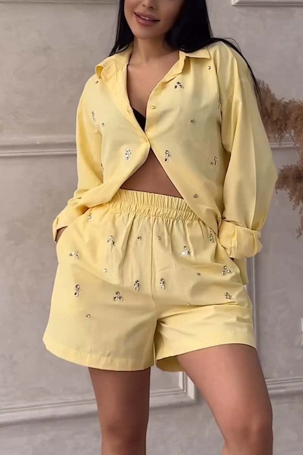 Diamond embellished long sleeved shirt and shorts two-piece set