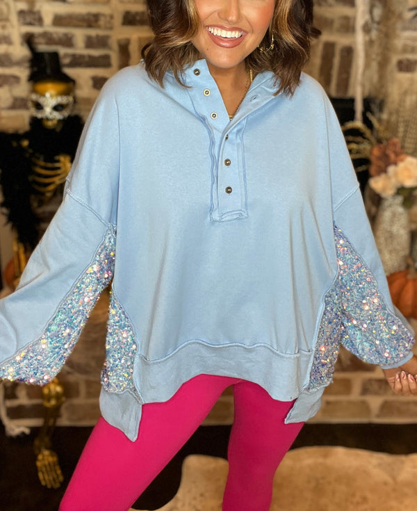 Women's Sequin Colorblock Henley Sweatshirt (Buy 2 Free Shipping)